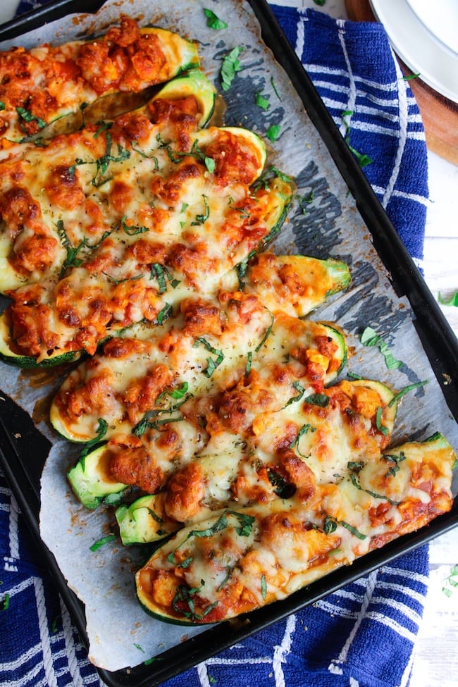 Zucchini Pizza Boats via A Saucy Kitchen