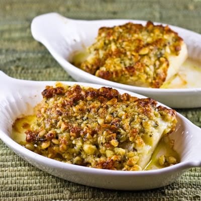 Baked White Fish with Pine Nut, Parmesan, and Basil Pesto Crust via Kalyn's Kitchen