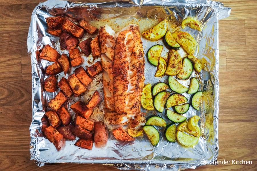 One Pan Blackened Cod, Sweet Potatoes, and Zucchini